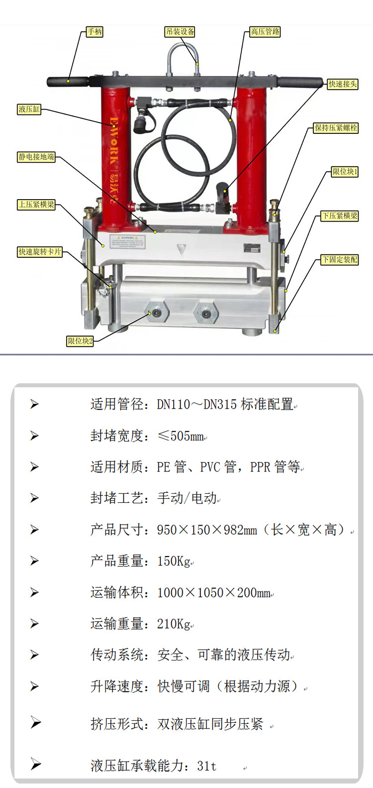 12寸液壓式PE管封堵器產品參數